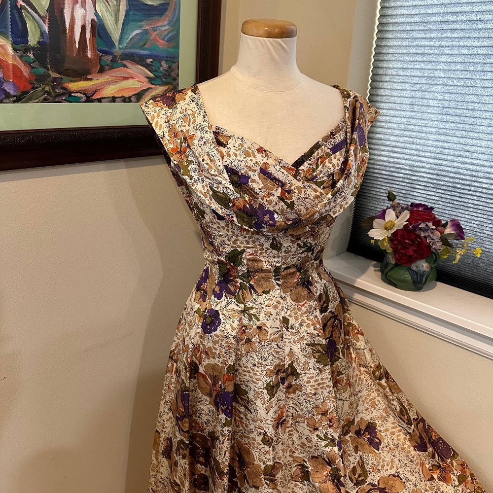 Taffeta Floral  Fit & Flair 1950s Dress  w/Draped Neckline - Mrs. Maisel Style